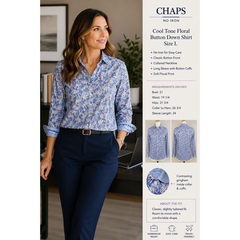 Chaps No Iron Floral Button Down Shirt Blue & Purple Womens Large Long Sleeved